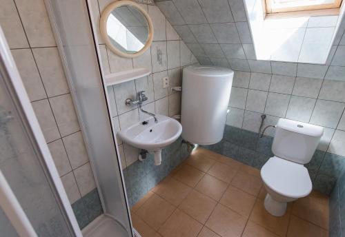 a small bathroom with a toilet and a sink at Penzion Kosky in Hamr