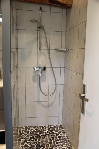 W łazience znajduje się prysznic ze szklanymi drzwiami. w obiekcie LA FERME DE CAPUCINE w mieście Culhat