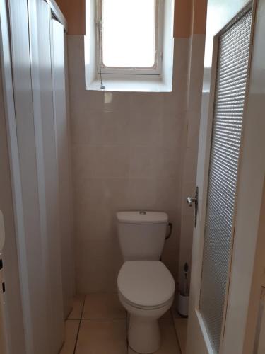 a small bathroom with a toilet and a window at chez Patricia in Cransac