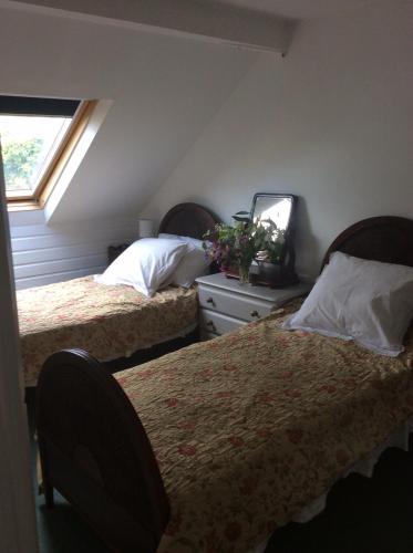 a bedroom with two beds and a dresser and a mirror at Arch Cottage in Chagford