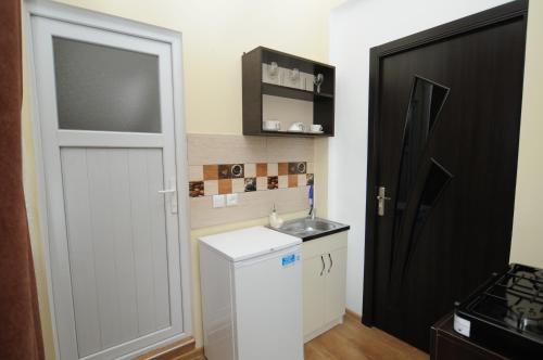 a small kitchen with a sink and a white door at SHAKO's Apartments in Tbilisi City