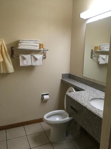 bagno con servizi igienici, lavandino e specchio di Budget Inn Lafonda Motel a Liberal