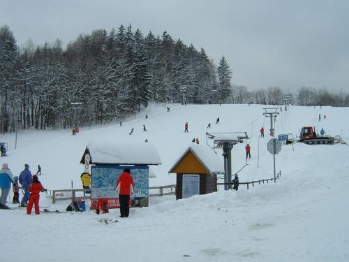 a group of people skiing down a snow covered slope at Chalupa Horní Lánov in Dolni Dvur