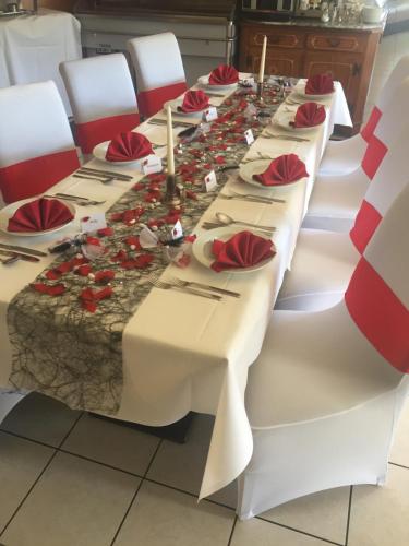 マンハイムにあるホテル レストラン アレクサンドロスの赤いバラが並ぶ長いテーブル