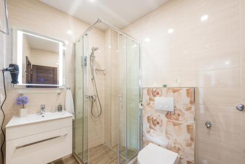 Un baño con ducha, inodoro y lavabo. en Apartments Villa Elena 3, en Cavtat