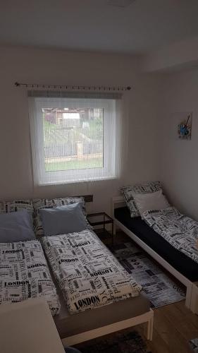 two beds sitting in a room with a window at Apartmány Tylovice in Rožnov pod Radhoštěm
