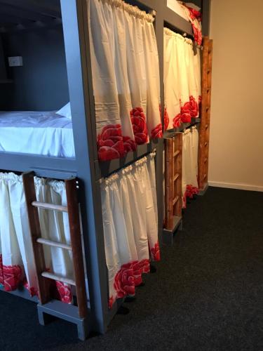 ロンドンにあるThe Birds Nest Hostelの赤いバラが飾られたクローゼット付きの部屋