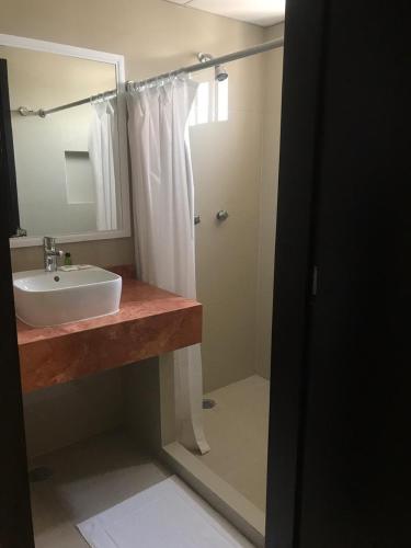 a bathroom with a sink and a shower with a mirror at Hotel Maria del Rocio in Veracruz