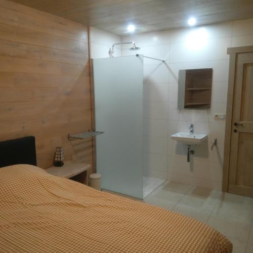 a bathroom with a shower and a bed and a sink at Vakantiewoning EL COULEYE in Durbuy
