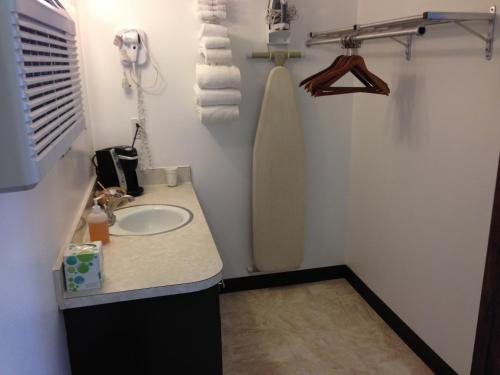 bagno con lavandino, specchio e asciugamani di Dutch Cup Motel a Sultan