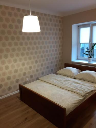a bedroom with a bed with a window and a lamp at Staszica Centrum in Lublin