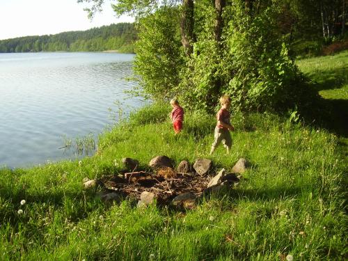 dos niños caminando en el césped cerca de un lago en Domek w Borkowie, en Borkowo