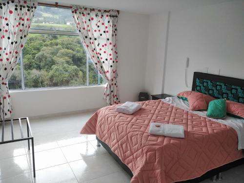 een slaapkamer met een bed en een groot raam bij Hotel Alta Montaña in Tópaga