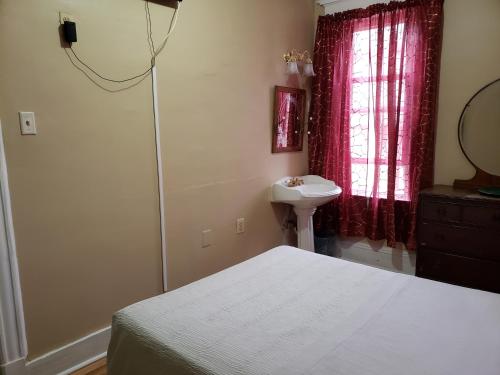 1 dormitorio con cama, lavabo y ventana en Harbor House Bed and Breakfast, en Staten Island