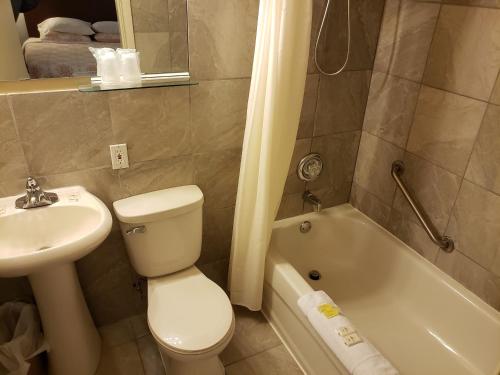 La salle de bains est pourvue de toilettes, d'un lavabo et d'une baignoire. dans l'établissement Pinecone Motel, à Sussex