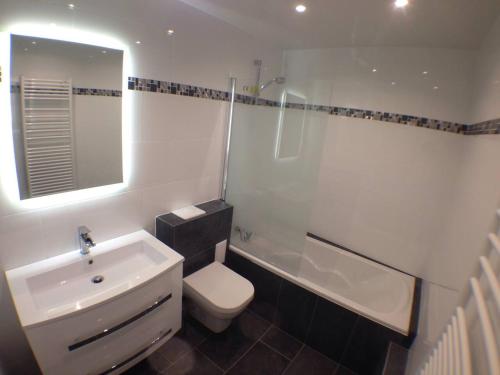 une salle de bain avec un lavabo, des toilettes et une douche dans l'établissement Studio flambant neuf, calme & balcon, à Strasbourg