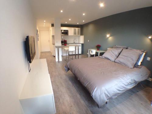 une chambre avec un grand lit et une cuisine dans l'établissement Studio flambant neuf, calme & balcon, à Strasbourg