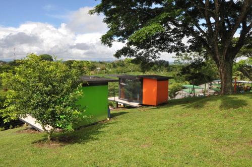 a small house in a field with a tree at Glamping - Calochorno in Alcalá