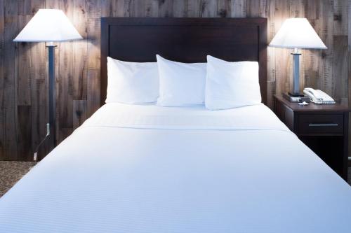 a bed in a hotel room with two lamps and a phone at Mission Inn in Santa Cruz