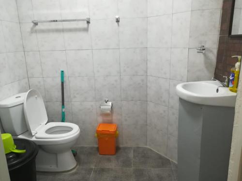 La salle de bains est pourvue de toilettes et d'un lavabo. dans l'établissement Old Castle, à Anda