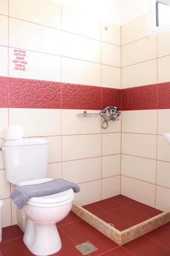 a bathroom with a toilet and a shower at Panorama Apartments in Marathokampos