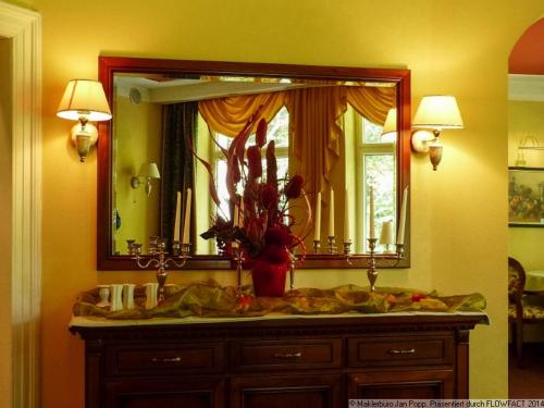 a bathroom sink with a large mirror above it at Parkschlösschen in Greiz in Greiz