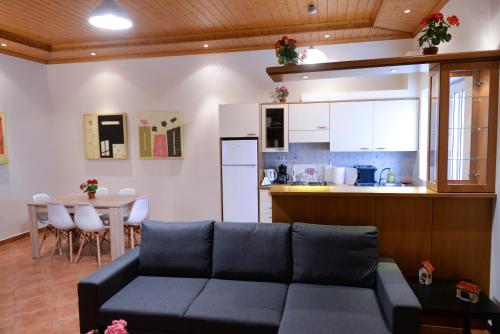 a living room with a couch and a kitchen at Patras Cozy Lodge in Patra