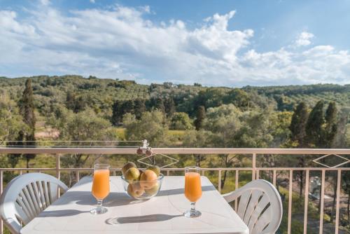 a table with a bowl of fruit and two glasses of orange juice at Nikos & Vivi Studios in Perivolion