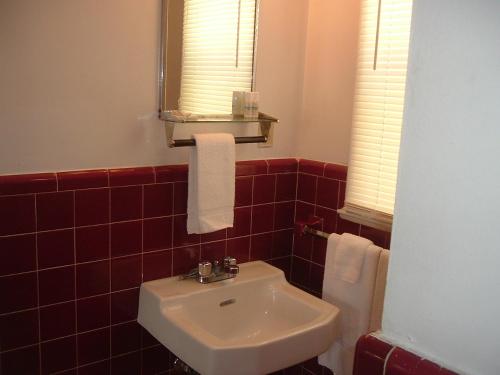 a red tiled bathroom with a sink and a mirror at Fels Three Crown Motel in Clarence