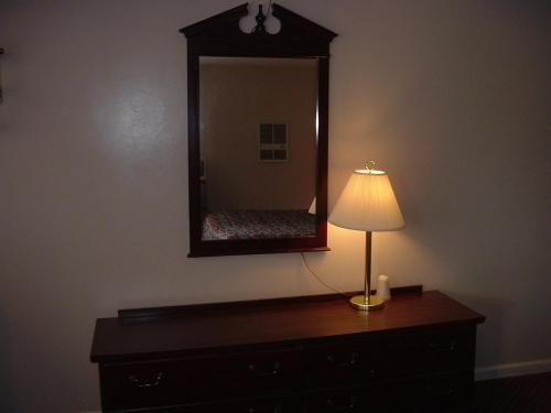 a lamp sitting on a dresser with a mirror at Fels Three Crown Motel in Clarence