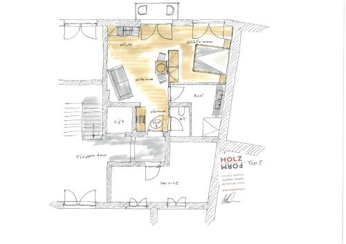 a drawing of a floor plan of a house at Brunnwirt ESSEN & WOHNEN in Fuschl am See