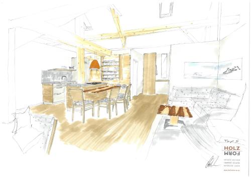 a drawing of a kitchen with a table and chairs at Brunnwirt ESSEN & WOHNEN in Fuschl am See
