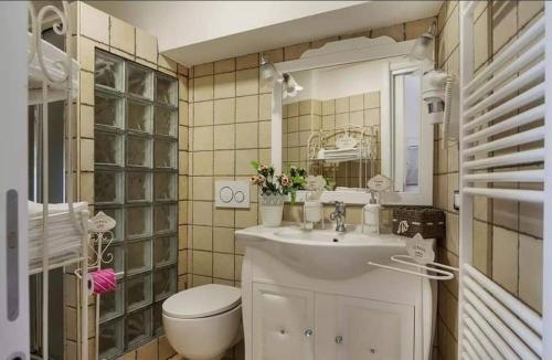 La salle de bains est pourvue d'un lavabo, de toilettes et d'un miroir. dans l'établissement CASA VACANZE IL RIFUGIO DEL PRINCIPE 2, à Putignano