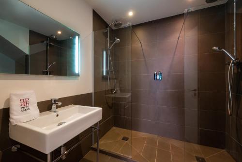 y baño con lavabo y ducha. en Petit Luxe Tobella Baixos, en Terrassa