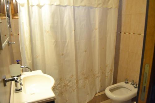 Un baño con lavabo, inodoro y cortina de ducha. en La Ventarrón, en Mar de las Pampas