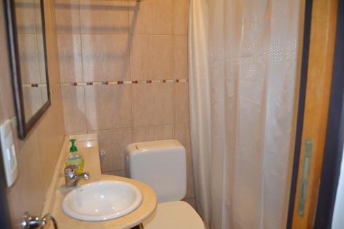 a bathroom with a toilet and a sink and a shower at La Ventarrón in Mar de las Pampas