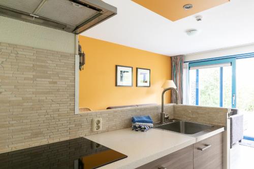 uma cozinha com um lavatório e um espelho em Appartement De Wadloper, Resort Amelander Kaap! em Hollum