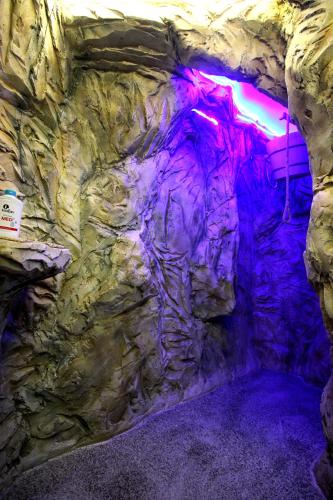 a cave with a rock wall with purple lights at Penzión Alexander in Habura