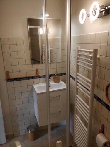 a bathroom with a sink and a mirror at Les Fayettes in Montregard