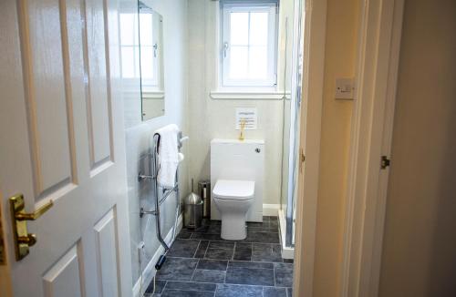 a bathroom with a toilet and a window at Apartment 1, Phoenix Flats in Portree