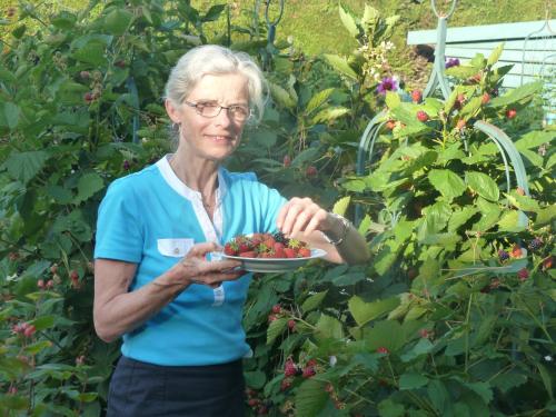 an older woman holding a plate of strawberries at Les Bruyères du Mont in Céaux