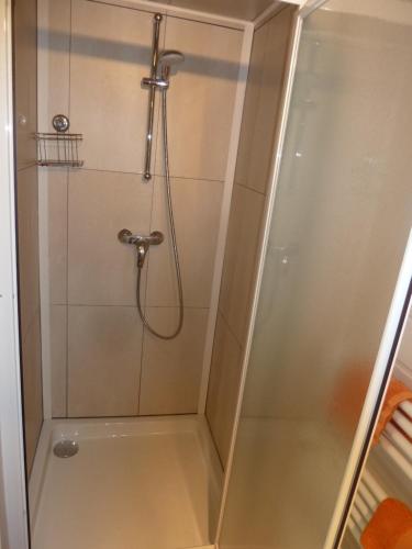 a shower in a bathroom with a glass door at Les Bruyères du Mont in Céaux