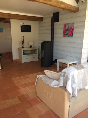 a living room with a couch and a television at PARC DES BRIAND'S in Saint-Cast-le-Guildo