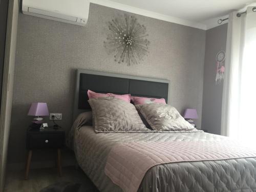 1 dormitorio con 1 cama grande con almohadas rosas en Chambre avec charme en Garons