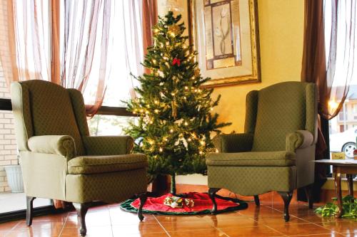 American Inn - Paducah في بادوكا: كرسيين وشجرة عيد الميلاد في غرفة المعيشة