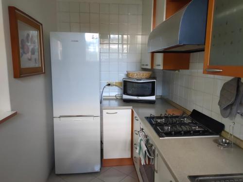 a kitchen with a white refrigerator and a microwave at A CASA DI GIANCARLA in Bologna