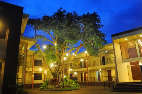 a tree in front of a building at night at Ariana Hotel in Dipolog