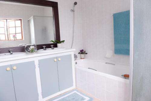 a bathroom with a tub and a sink and a mirror at Villa Gardenia One Bedroom in Ballito