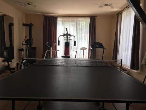 eine Tischtennisplatte in einem Raum mit Trainingsgeräten in der Unterkunft Pensiunea JOJO in Băile Herculane