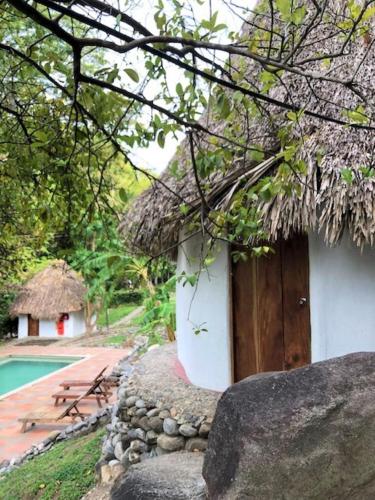 a small building with a thatched roof next to a pool at Finca Carpe Diem Ecolodge in Minca